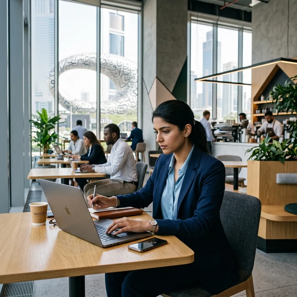 Young professional searching for jobs on a laptop in a modern Dubai cafe
