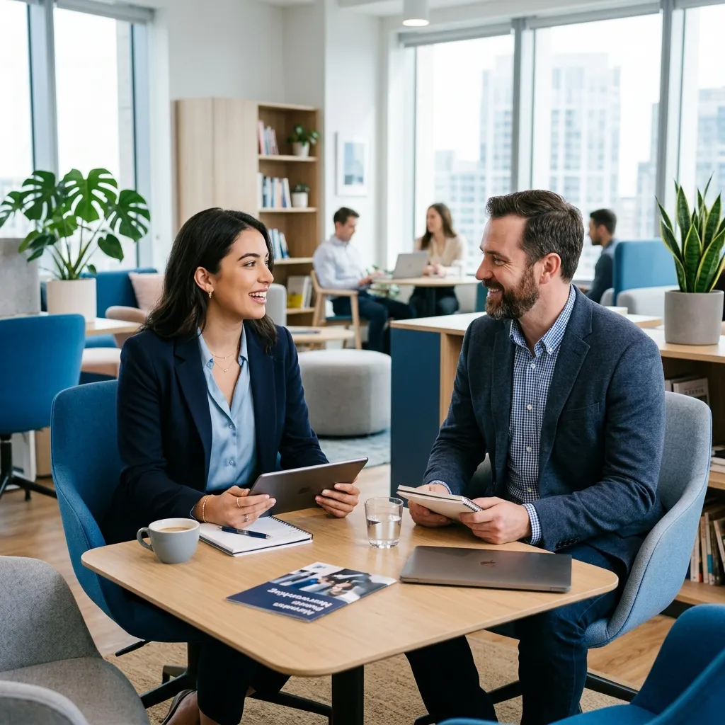 Professionals networking in a bright office environment